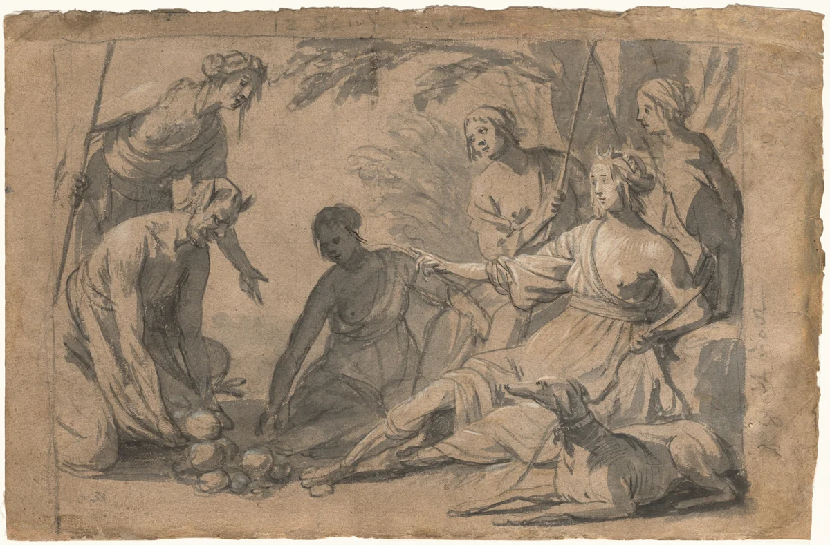Diana and Four Nymphs Receiving Gifts from a Satyr by Gerrit van Honthorst, drawing, 1625-1635
