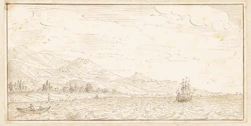 Schip voor een kust by Johan Teyler, drawing, 1679-1683