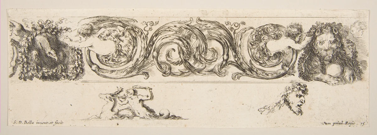 Rinceaux with Eagle and Lion, plate 15 from "Decorative friezes and foliage" (Ornamenti di fregi e fogliami) by Stefano della Bella, print, 1643-1653