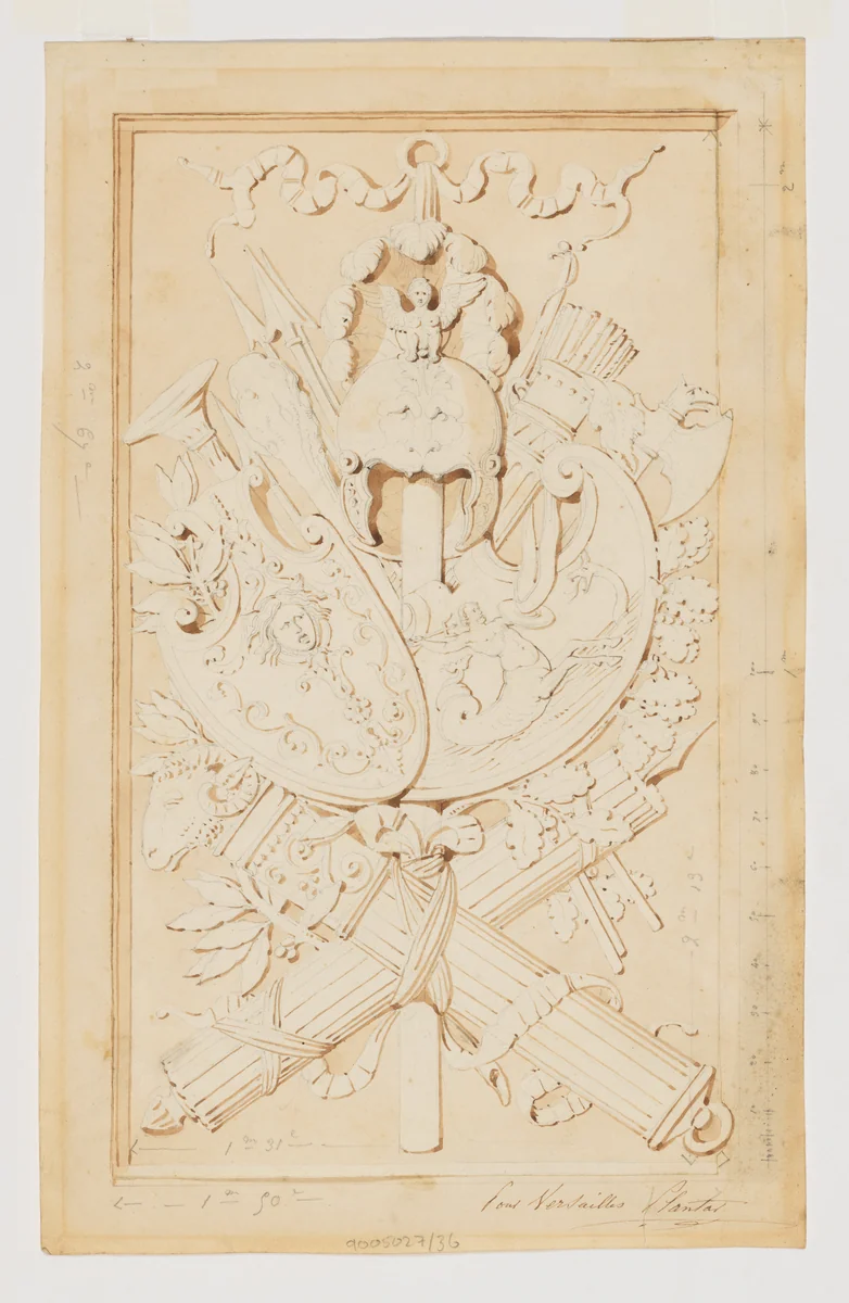 Design for a Wall Panel with Armorial Trophy for the Escalier des Princes at Versailles by Jean-Baptiste Louis Plantar, drawing, 1840-1880