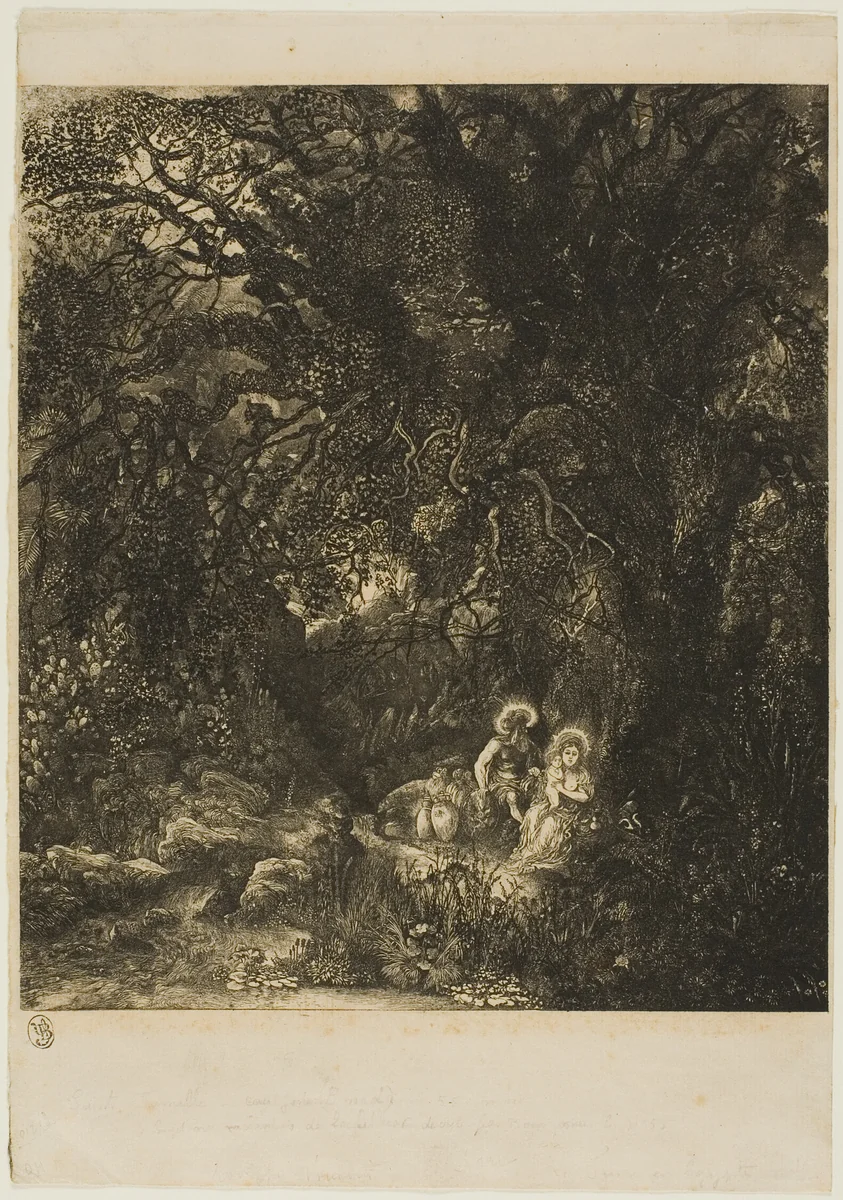 Rest on the flight into Egypt with Saddled Donkey by Rodolphe Bresdin, print, 1871