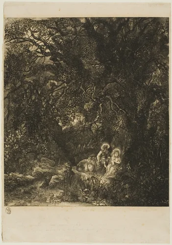 Rest on the flight into Egypt with Saddled Donkey by Rodolphe Bresdin, print, 1871