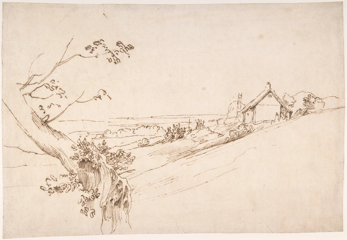 Landscape with a Gnarled Tree and a Farm by Anthony van Dyck, drawing, 1610-1641