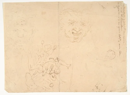 Head of a Satyr and Other Figure Studies by Stefano della Bella, drawing, 1610-1664