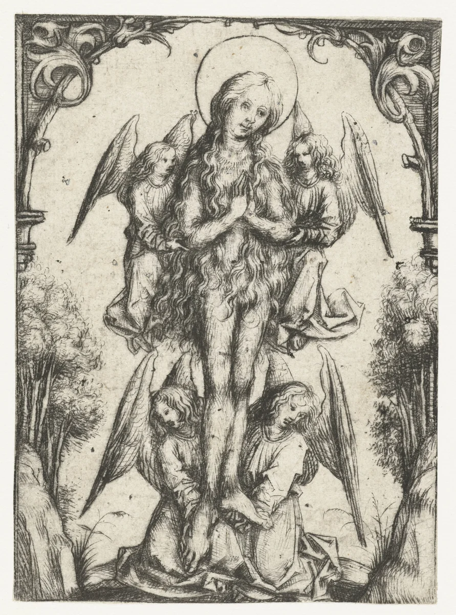 De elevatie van de H. Maria Magdalena met vier engelen by Meester van het Amsterdamse Kabinet, print, 1488-1492