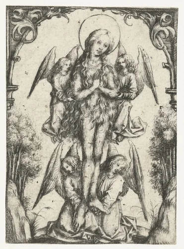 De elevatie van de H. Maria Magdalena met vier engelen by Meester van het Amsterdamse Kabinet, print, 1488-1492
