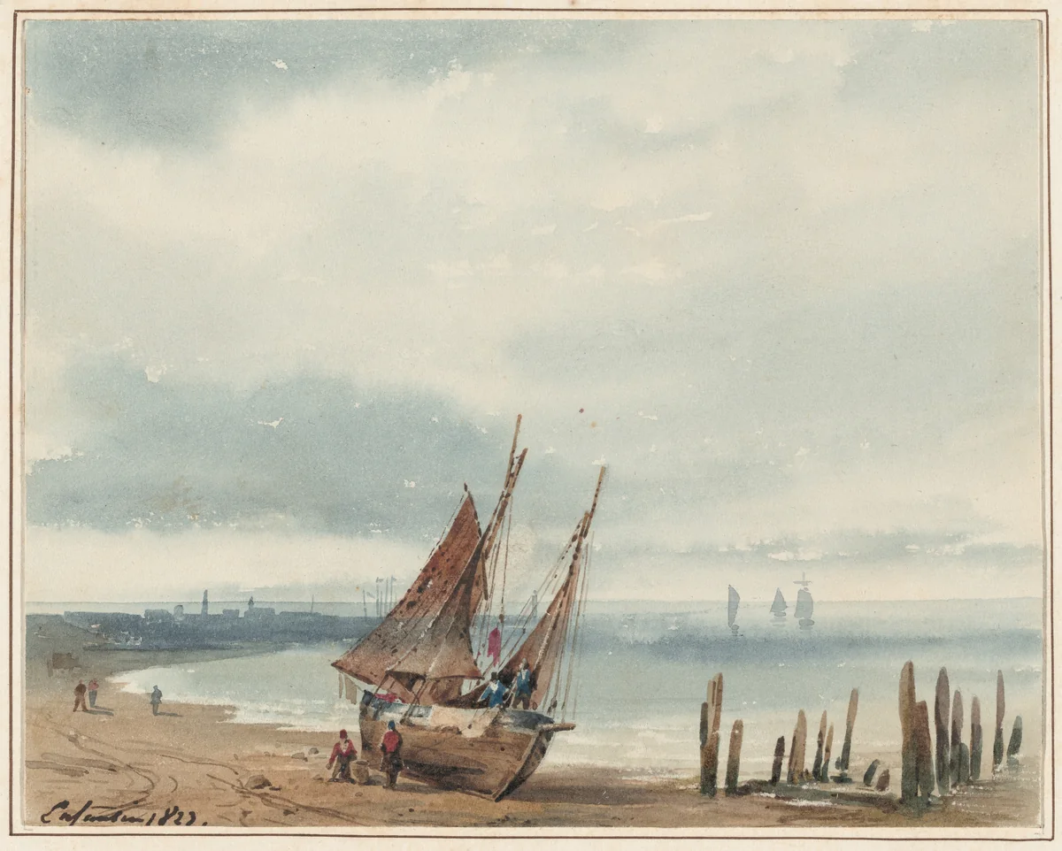 Coastal View in Normandy, with a Beached Boat by Augustin Enfantin, drawing, 1823