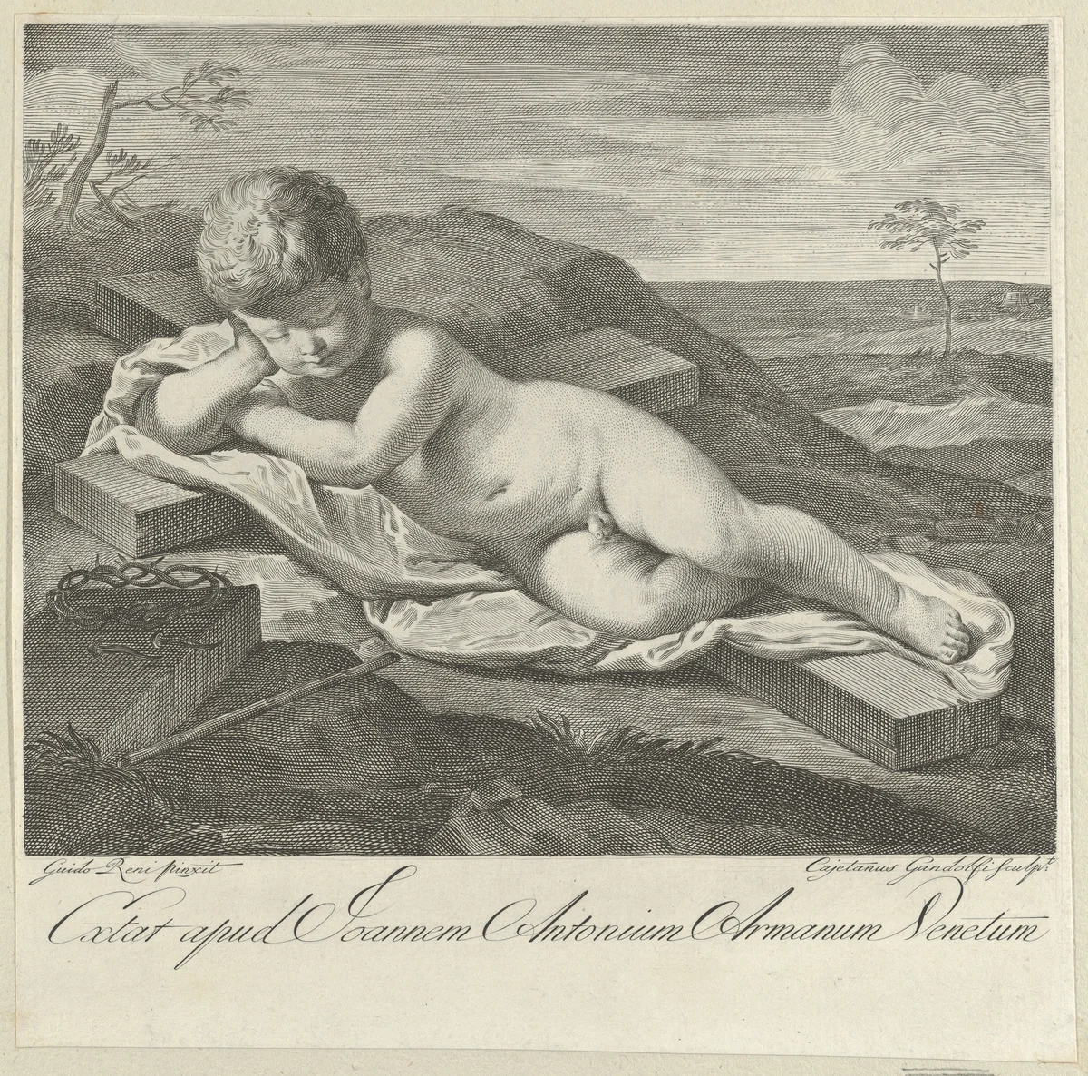 The Christ Child sleeping on a cross in a landscape, crown of thorns in the foreground, after Reni by Gaetano Gandolfi, print, 1765-1780