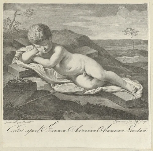 The Christ Child sleeping on a cross in a landscape, crown of thorns in the foreground, after Reni by Gaetano Gandolfi, print, 1765-1780