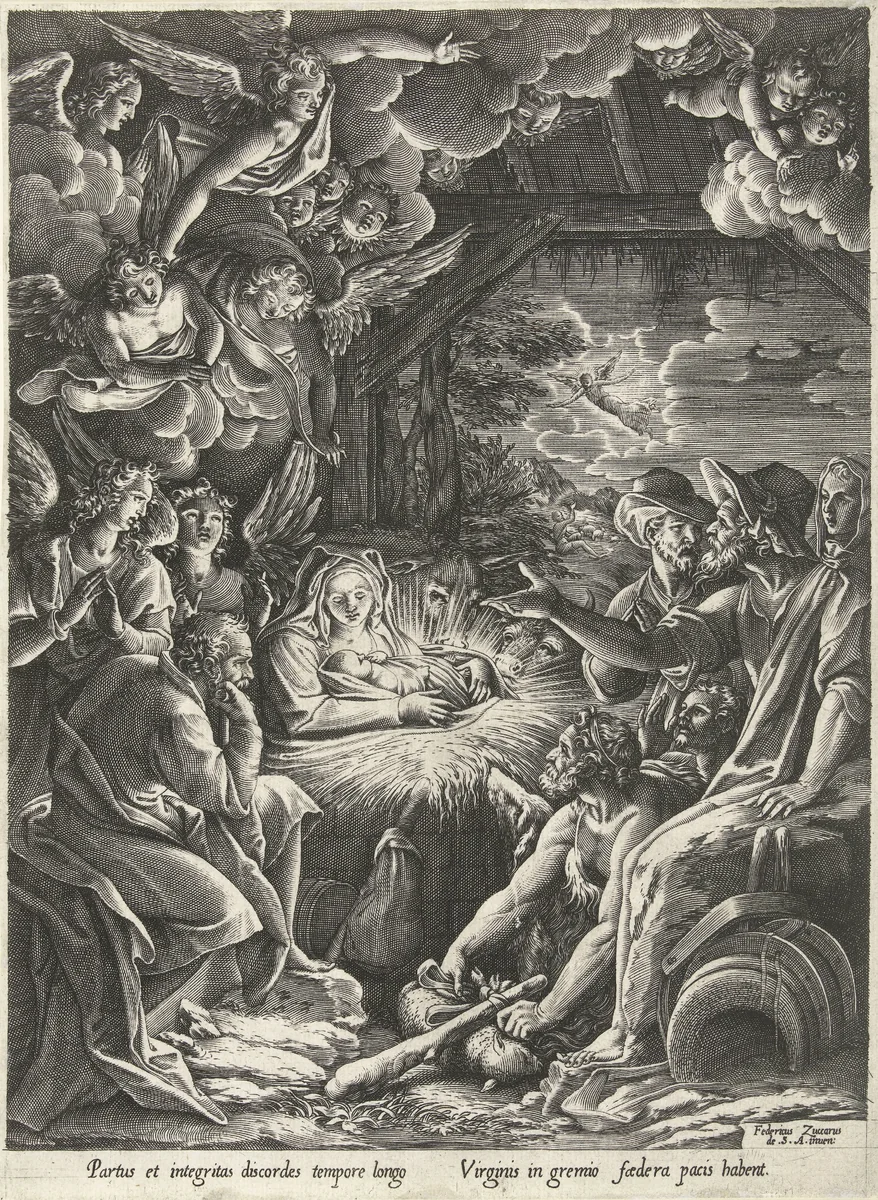 Aanbidding door de herders by Cornelis Cort, print, 1565-1570