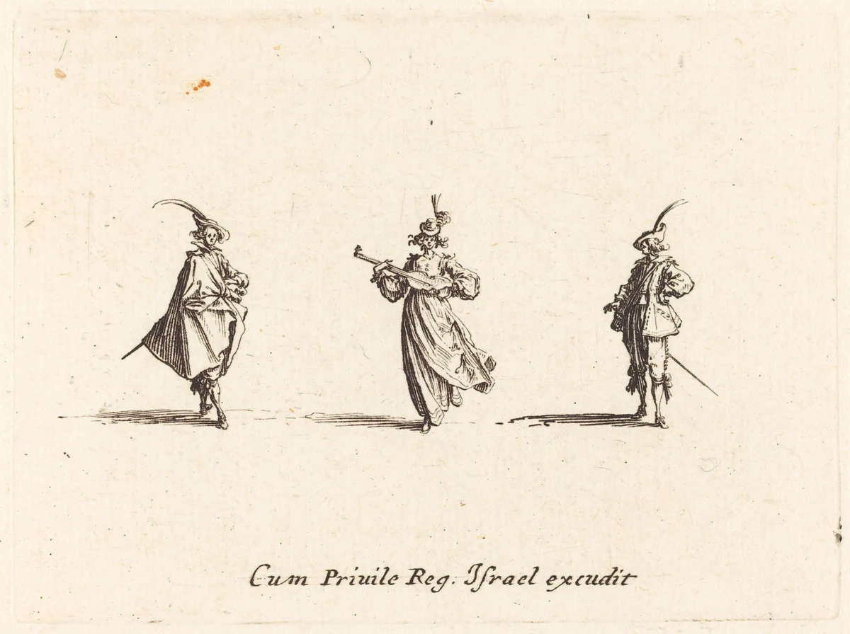 Lady with String Instrument, and Two Gentlemen by Jacques Callot, print, 1628-1638