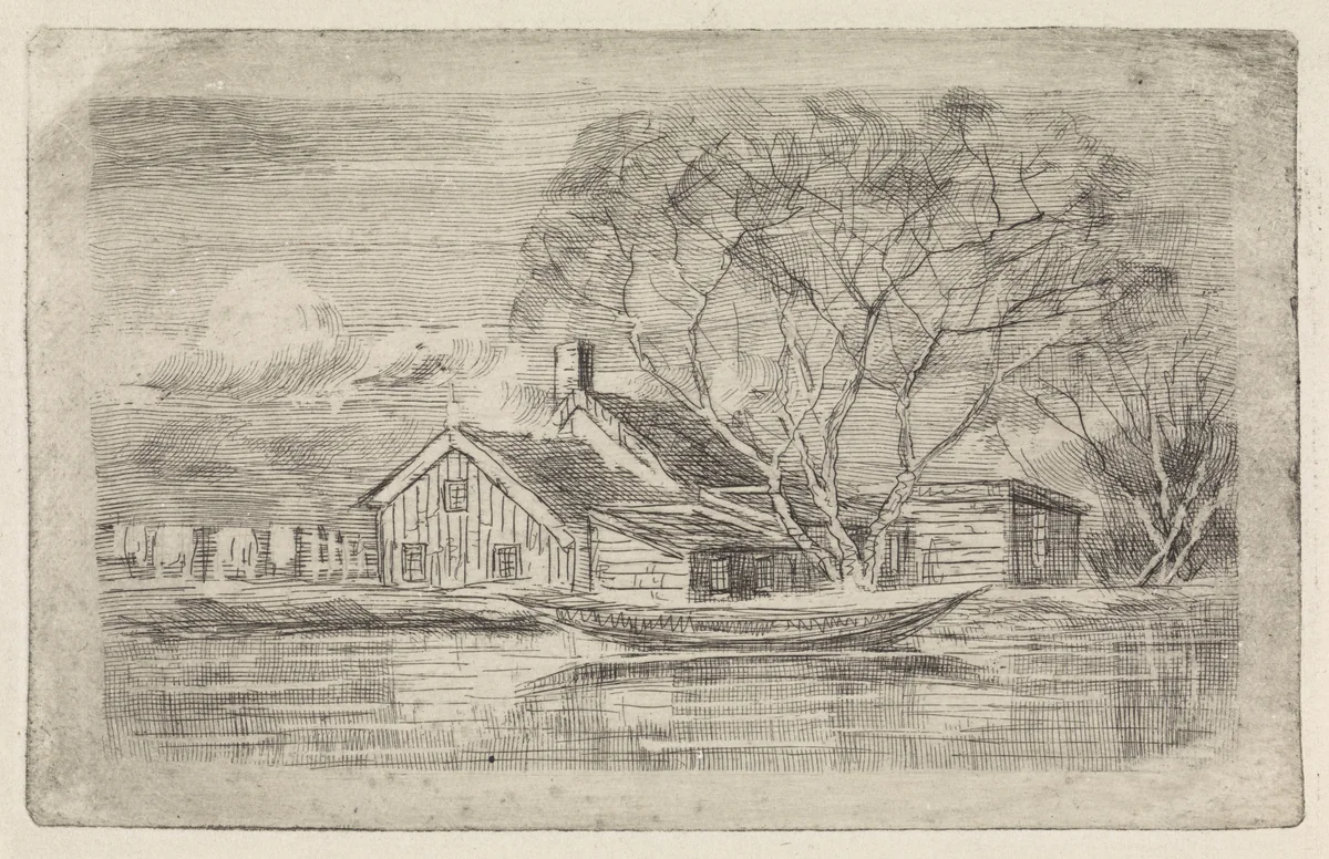 Huis aan het water met roeiboot ervoor by Elias Stark, print, 1859-1933