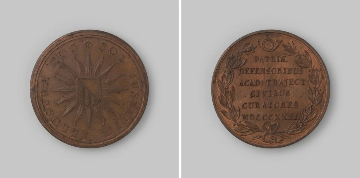 Huldepenning door de curatoren van de Utrechtse Academie geschonken aan de uitgetrokken Utrechtse studenten by anonymous, metalwork, 1831