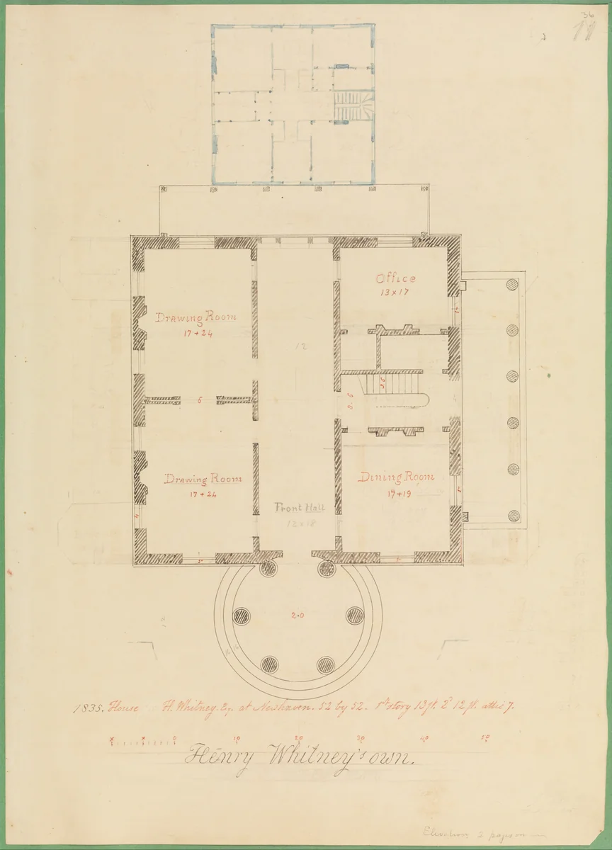 House for Henry Whitney, New Haven, Connecticut (client's plan) by Alexander Jackson Davis, drawing, 1835