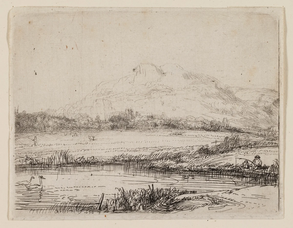 Canal with an Angler and Two Swans by Rembrandt van Rijn, print, 1650