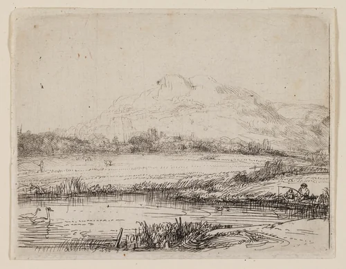 Canal with an Angler and Two Swans by Rembrandt van Rijn, print, 1650