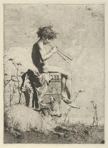 Idyll: a naked youth seated outdoors on a plinth playing a double flute, a goat on the ground before him by Mariano Fortuny, print, 1865