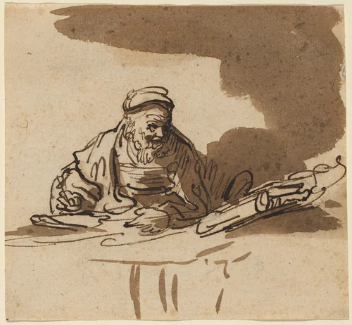 An Old Scholar at His Desk by Rembrandt van Rijn, drawing, 1606-1669