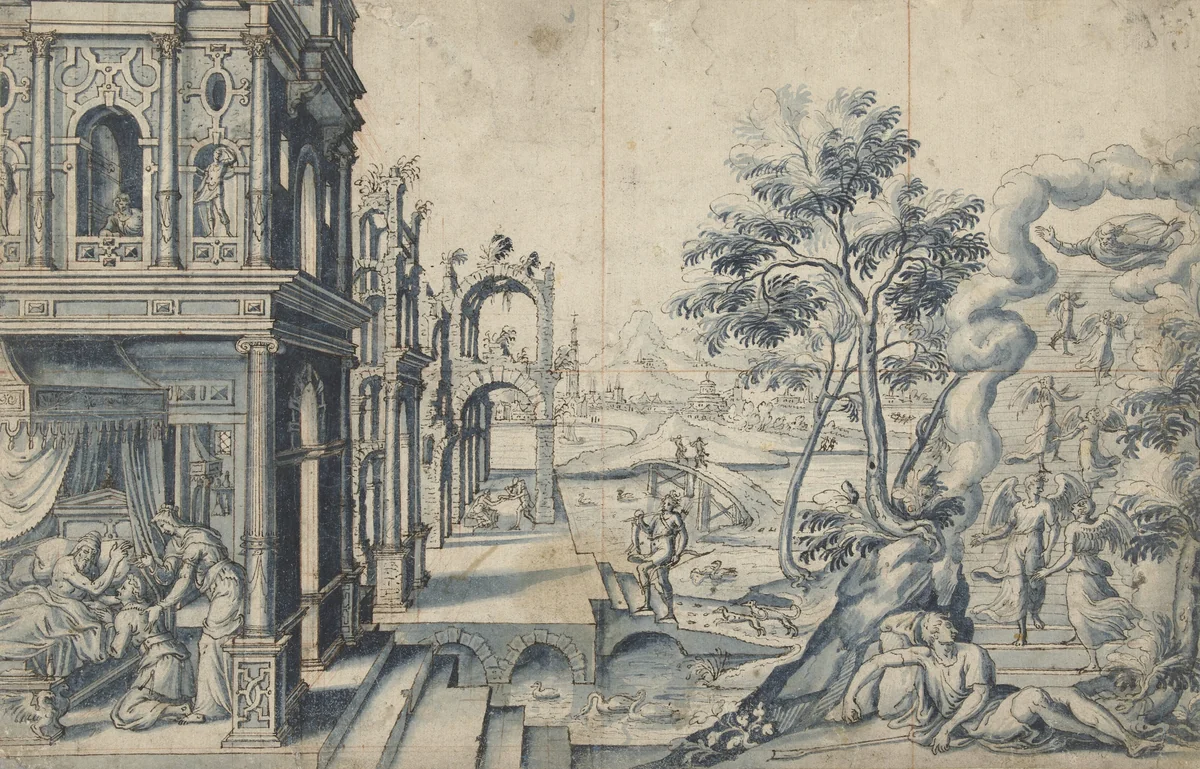 Jacob ontvangt de zegen van Izaäk; Jacobs ladder by Cornelis Floris, drawing, 1524-1575