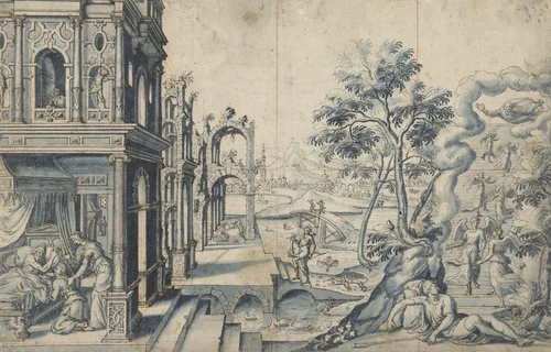 Jacob ontvangt de zegen van Izaäk; Jacobs ladder by Cornelis Floris, drawing, 1524-1575
