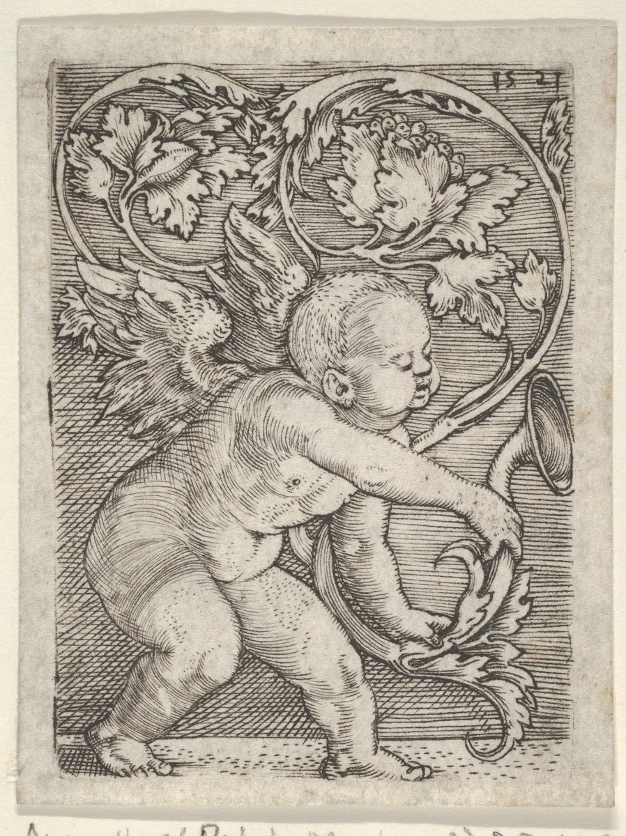 Vertical Panel with Cupid Holding the End of a Plant Sprouting Tendrils by Jacob Binck, print, 1521