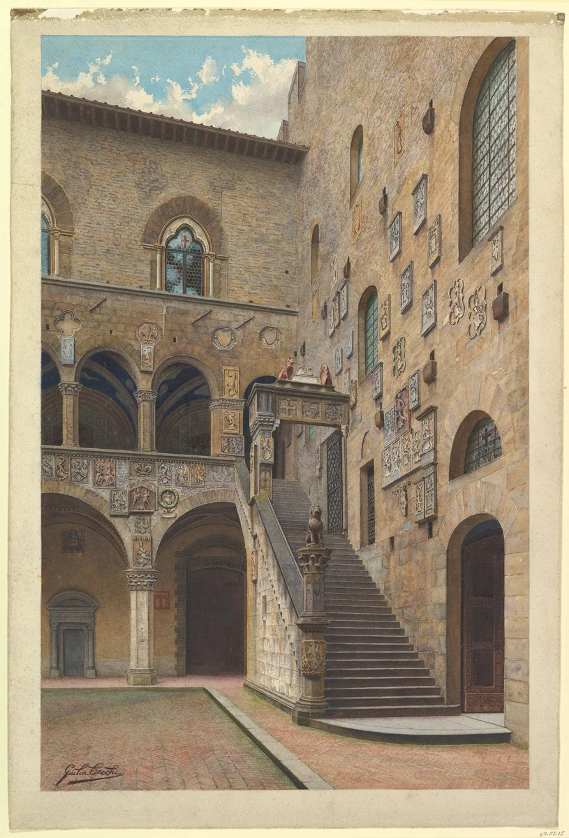 View of the Bargello Courtyard in Florence by S. Cecchi, drawing, 1800-1900