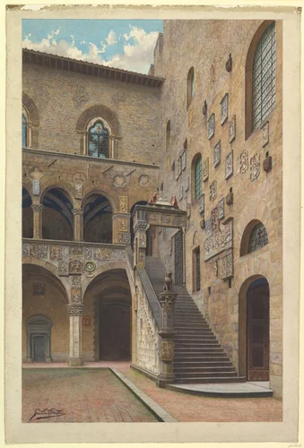 View of the Bargello Courtyard in Florence by S. Cecchi, drawing, 1800-1900