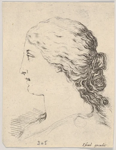 Plate 14: Head of a woman, in profile, from "The Book for Learning to Draw" (Livre pour apprendre à dessiner) by Stefano della Bella, print, 1647-1652