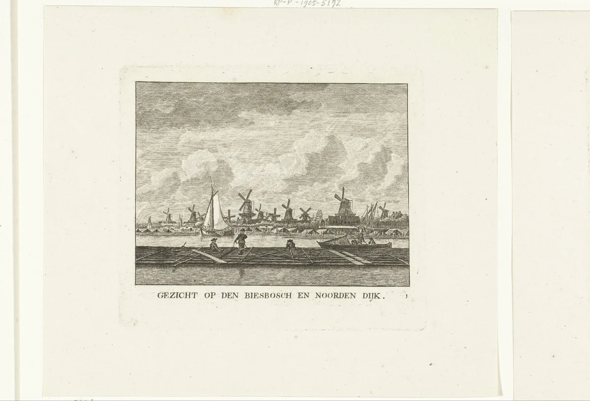 Gezicht op Biesbosch en Noordendijk met molens te Dordrecht by Carel Frederik Bendorp, print, 1803