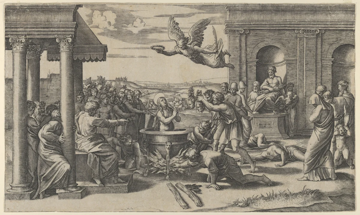 The Martydom of Saint Cecilia standing naked in a large cauldron, at left under a colonnade, sits a Roman Prefect, at right the statue of Jupiter in a niche by Marcantonio Raimondi, print, 1515-1525
