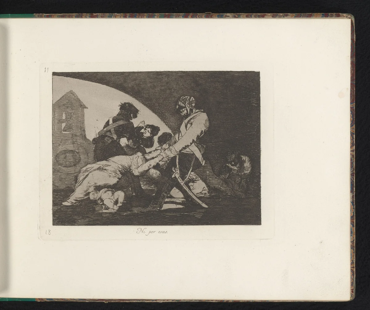 Vrouwen en een baby worden door soldaten meegesleurd by Francisco de Goya, book, 1810-1820