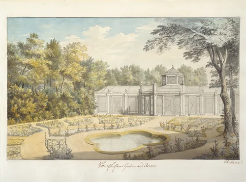 View of the Flower Garden and Aviary at Kew by Thomas Sandby, drawing, 1763