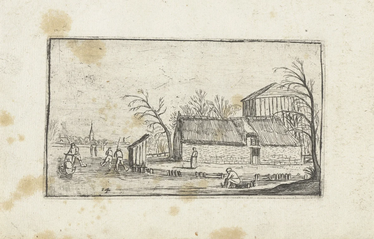 Bevroren rivier met schaatsers bij een boerderij by anonymous, print, 1610-1617