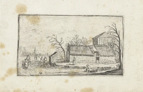 Bevroren rivier met schaatsers bij een boerderij by anonymous, print, 1610-1617