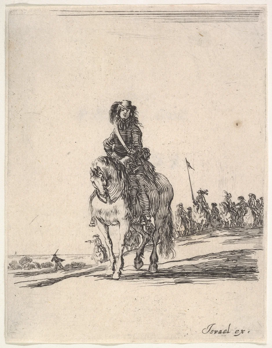A horseman, facing front, a group of horsemen in background to the right, from "Various cavalry exercises" (Diverses exercices de cavalerie) by Stefano della Bella, print, 1642-1645
