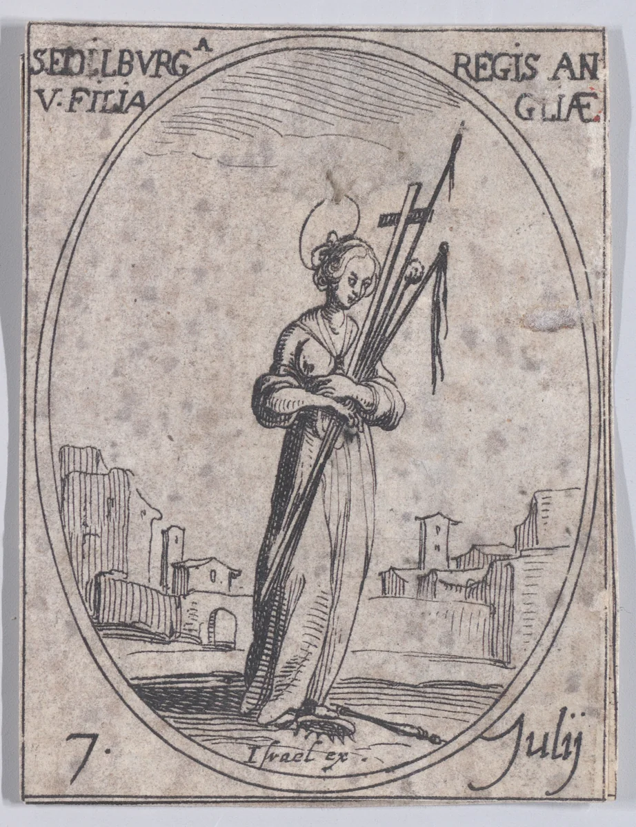 Ste. Edilburge, fille du roi d'Angleterre (St. Ethelburga, Daughter of the King of England), July 7th, from "Les Images De Tous Les Saincts et Saintes de L'Année" (Images of All of the Saints and Religious Events of the Year) by Jacques Callot, print, 1636