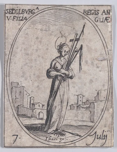 Ste. Edilburge, fille du roi d'Angleterre (St. Ethelburga, Daughter of the King of England), July 7th, from "Les Images De Tous Les Saincts et Saintes de L'Année" (Images of All of the Saints and Religious Events of the Year) by Jacques Callot, print, 1636