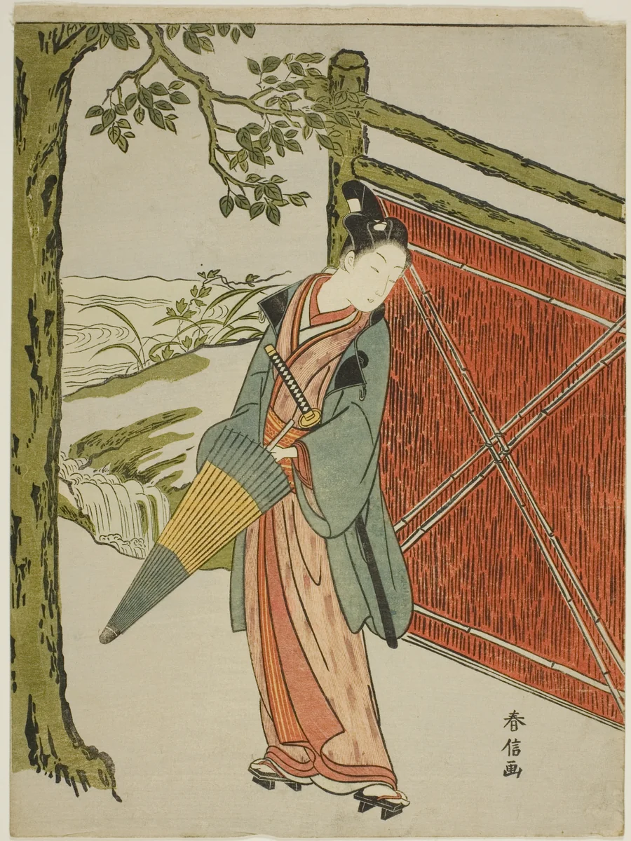 Young Man Holding Umbrella Beside a Fence by Suzuki Harunobu (鈴木春信), print, 1762-1770