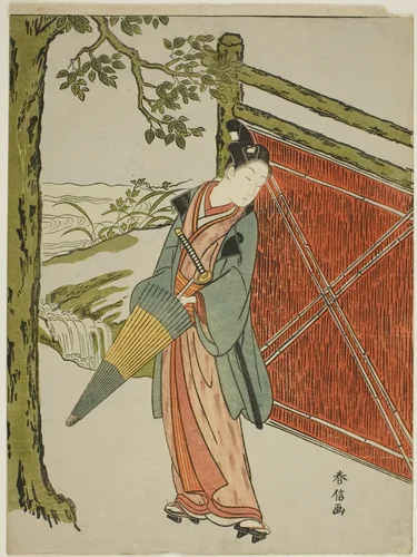 Young Man Holding Umbrella Beside a Fence by Suzuki Harunobu (鈴木春信), print, 1762-1770