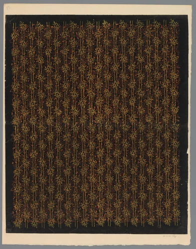 Blad met banenpatroon van bloemen en schuinstaande streepjes op een patroon kronkelende lijnen bestaande uit punten by anonymous, print, 1800-1900