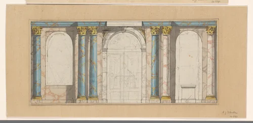 Ontwerp voor een wanddecoratie met gemarmerde Korinthische zuilen by A.J. Schouten, drawing, 1775-1849
