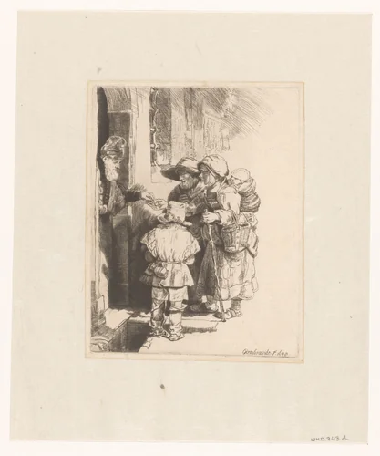 A blind hurdy-gurdy player and family receiving alms by William Baillie, print, 1733-1810