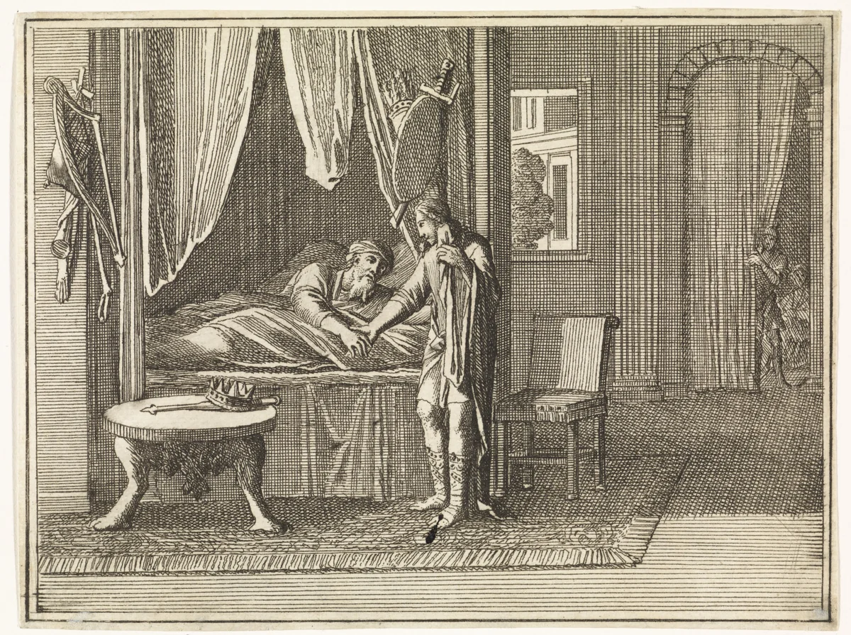 David, op zijn sterfbed, geeft zijn laatste vermaningen aan Salomo by Caspar Luyken, print, 1712