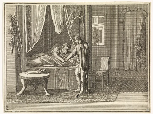 David, op zijn sterfbed, geeft zijn laatste vermaningen aan Salomo by Caspar Luyken, print, 1712
