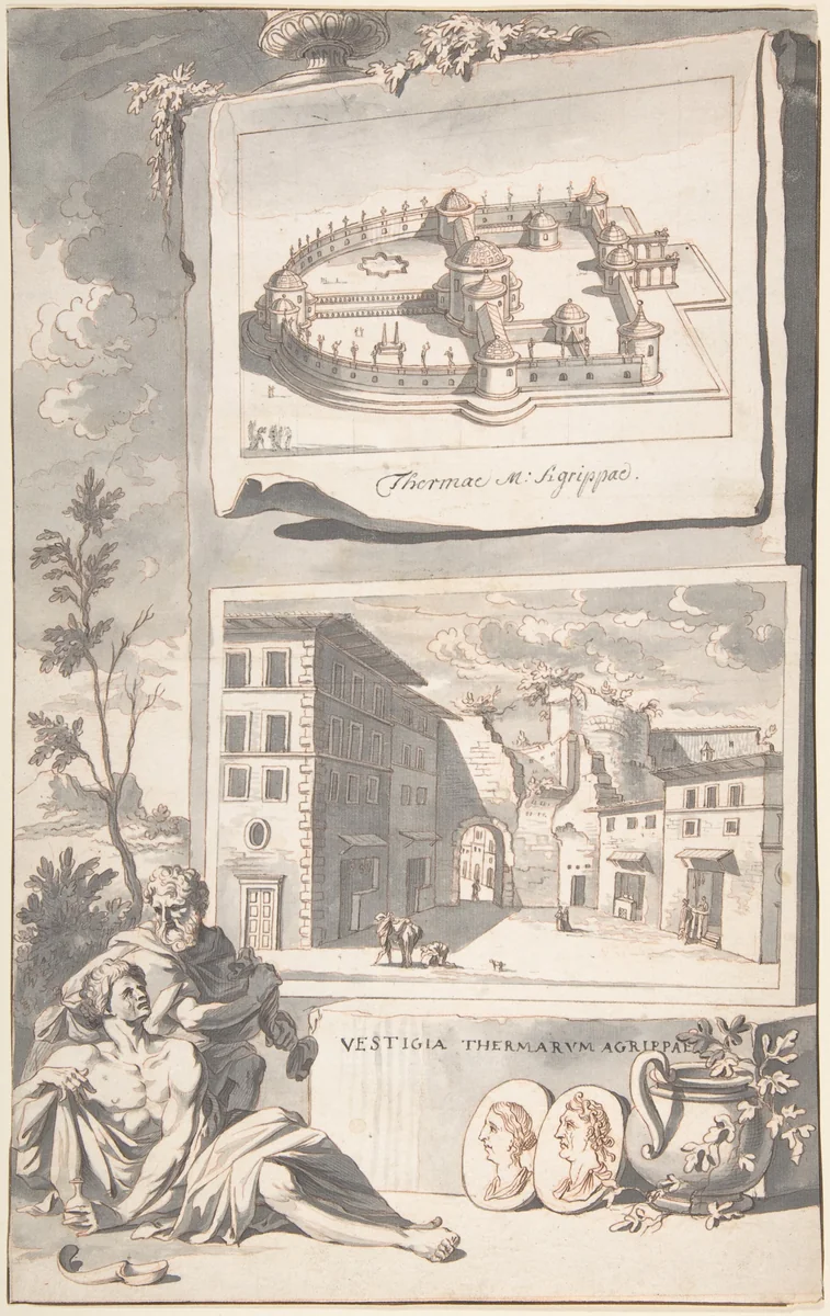 A Reconstruction of the Thermae Agrippae (above) and a View of the Ruins (below) by Jan Goeree, drawing, 1690-1704