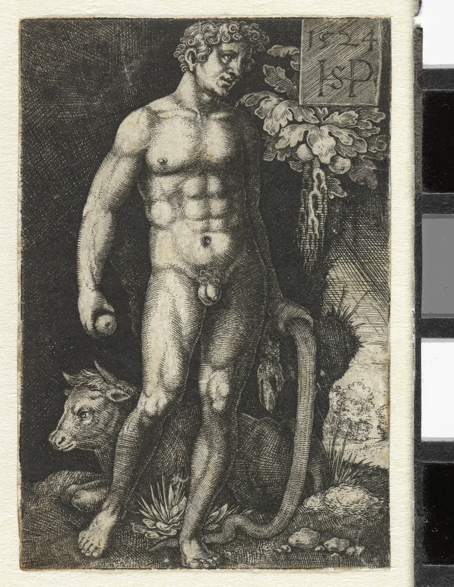 Adam met slang en appel en liggende stier by Hans Sebald Beham, print, 1524