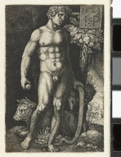Adam met slang en appel en liggende stier by Hans Sebald Beham, print, 1524
