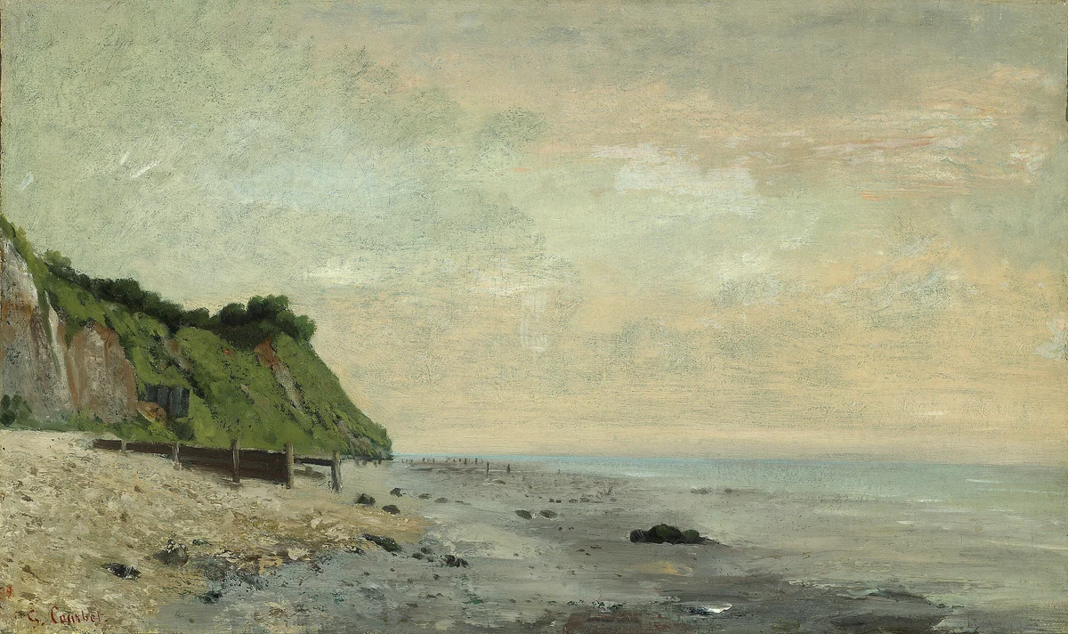 Cliffs on the Sea Coast: Small Beach, Sunrise (Falaise au bord de la mer, vu Petite Plage, soleil levant) by Gustave Courbet, painting, 1865
