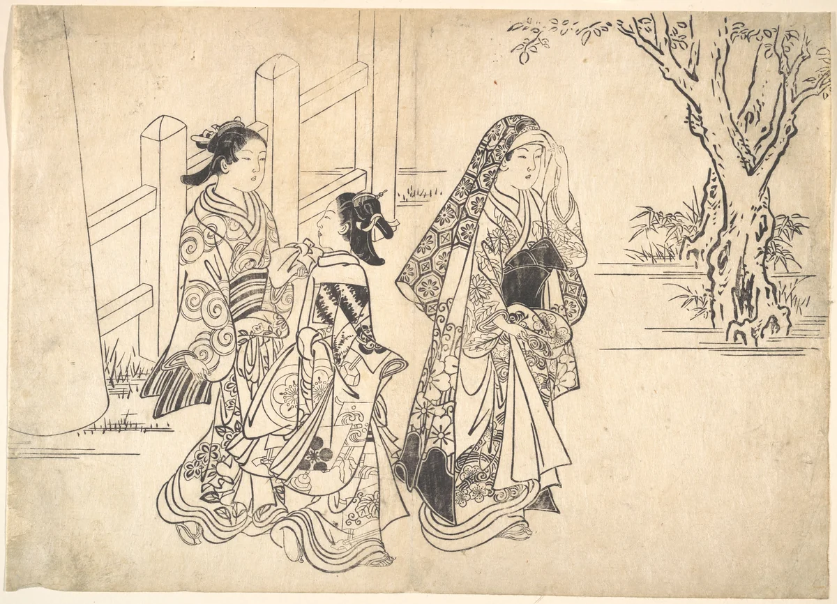 A Courtesan Followed by Two Girl Attendants by Nishikawa Sukenobu (西川祐信), print, 1671-1751