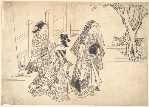 A Courtesan Followed by Two Girl Attendants by Nishikawa Sukenobu (西川祐信), print, 1671-1751